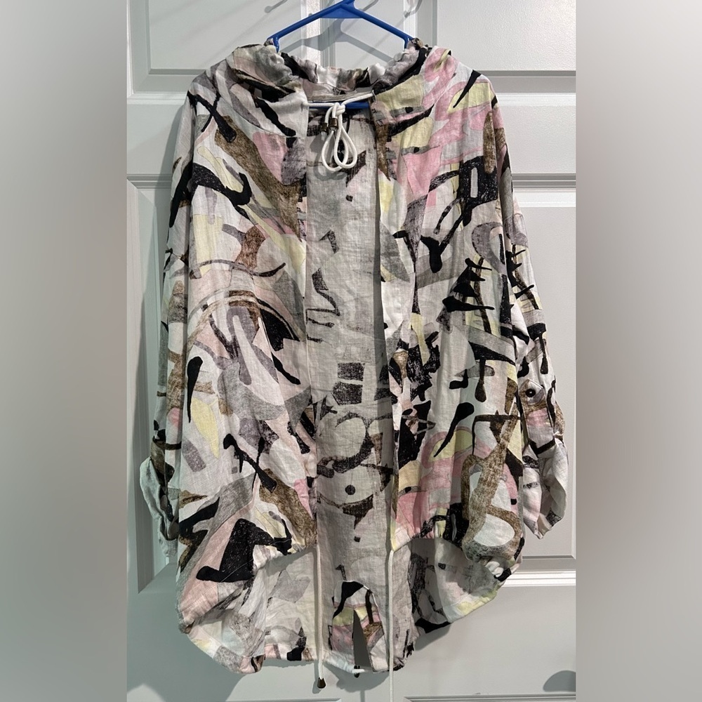 Charlie B Abstract Art Cardigan Jacket Womens Sz XL Linen Hooded Skater 90's Y2K